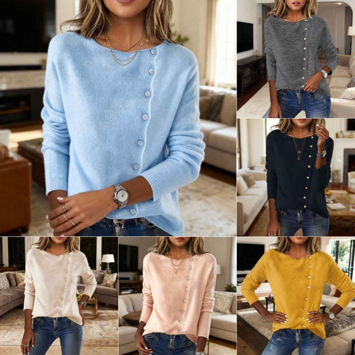 Elegant Round Neck Long Sleeve Button Sweater For Women Fall Spring Knitted Sweaters Tops