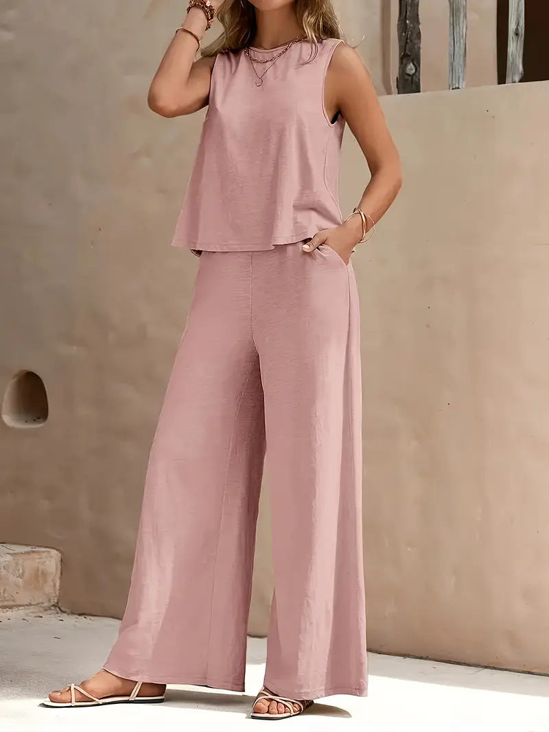 Solid Color Casual Loose Pants Sets For Women Elegant Spring Summer Women's Two Pieces Suit Full Trouser Set Female Outfit Clothes by Mirlaine Univers