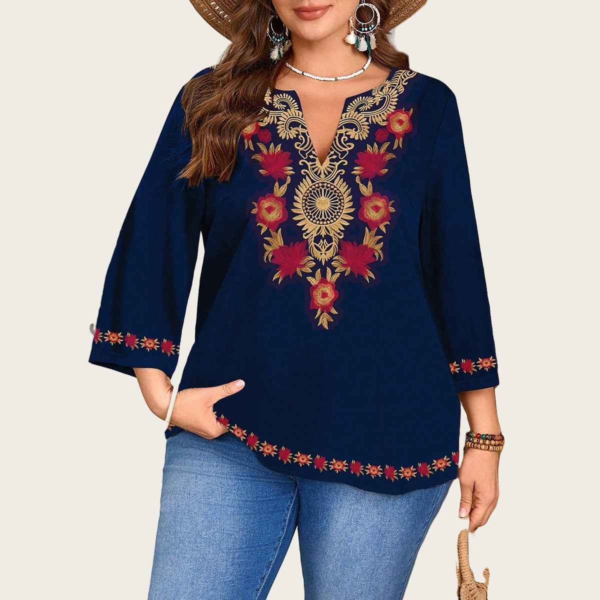 Fashionable Casual V-Neck Ethnic-Style Printed Three-Quarter-Sleeve Shirt Top
