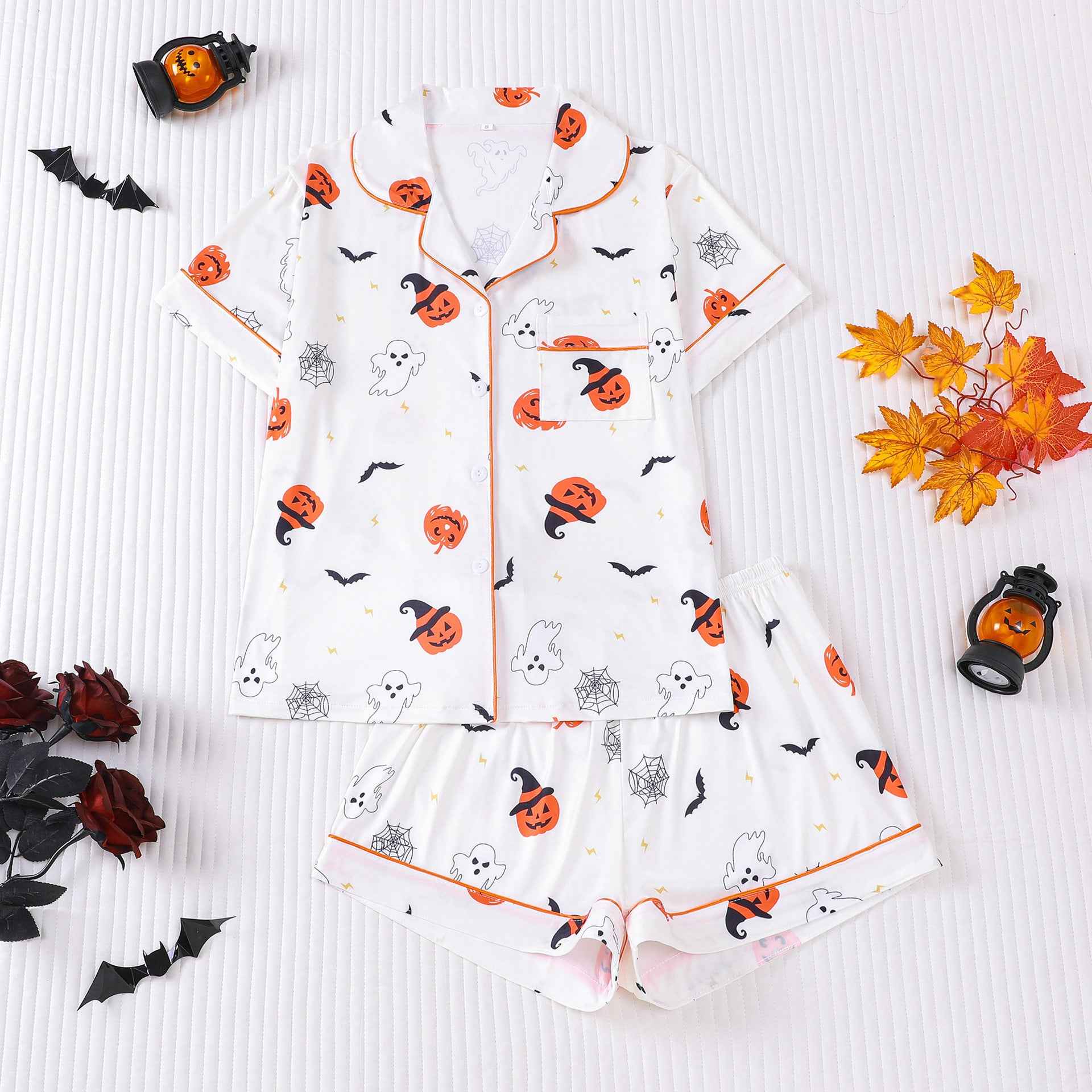 Cuban Collar Halloween Pumpkin Head Women's Short Sleeve Suit