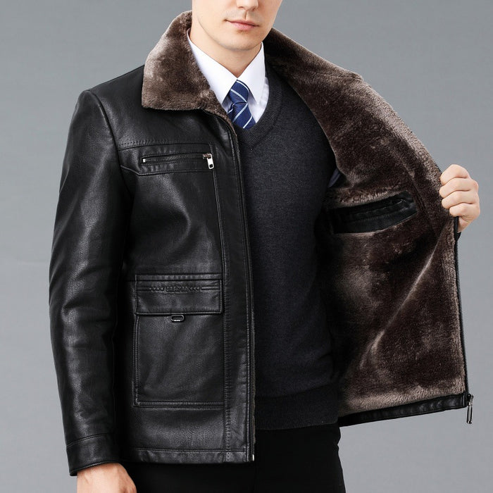 Genuine Leather And Fur One-piece Overcoat With A Lapel Lined With Fleece For Extra Warmth