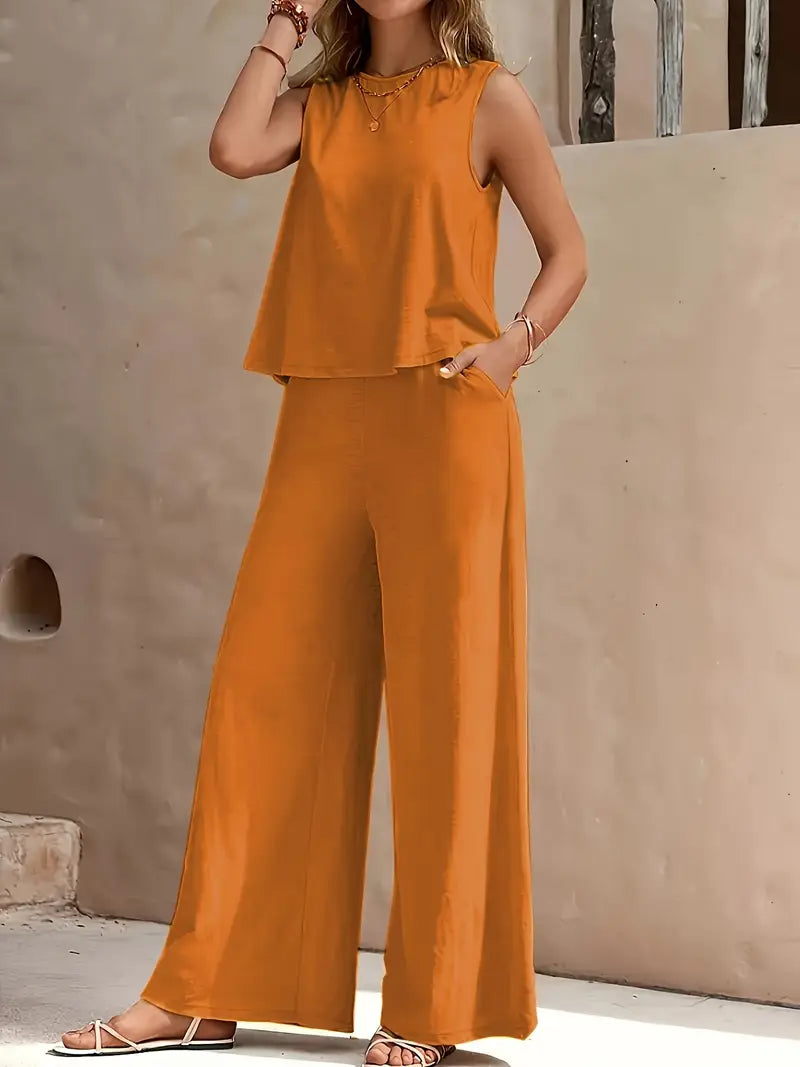 Solid Color Casual Loose Pants Sets For Women Elegant Spring Summer Women's Two Pieces Suit Full Trouser Set Female Outfit Clothes by Mirlaine Univers