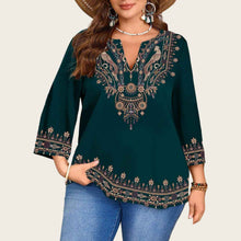 Fashionable Casual V-Neck Ethnic-Style Printed Three-Quarter-Sleeve Shirt Top