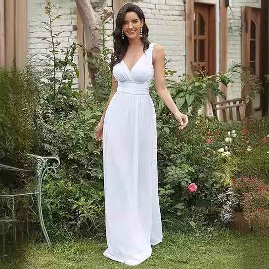 Robe longue de soirée élégante en mousseline sans manches avec décolleté en V profond pour femme