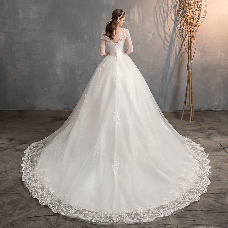 Wedding Dress Trailing Deep V Neck Lace High Waist Wedding Dress Long Sleeves by Mirlaine Univers