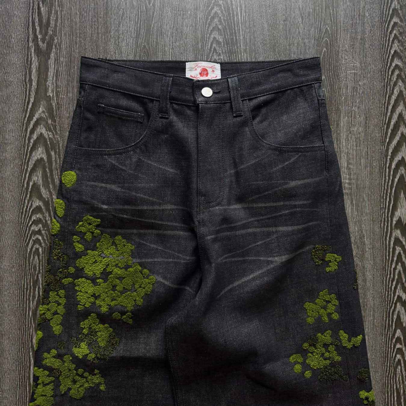 Street-style Denim Straight-leg Pants With Floral Embroidery