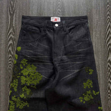 Street-style Denim Straight-leg Pants With Floral Embroidery