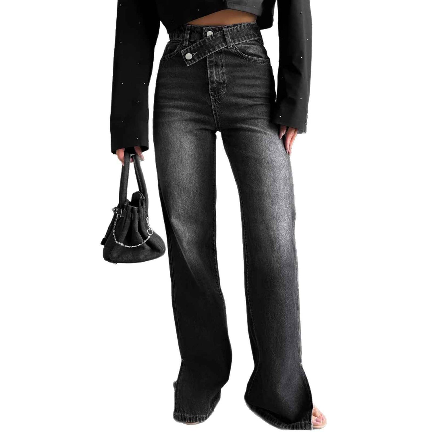 High-waisted, Slightly Flared, Washed Denim Jeans With A Slanted Waistband
