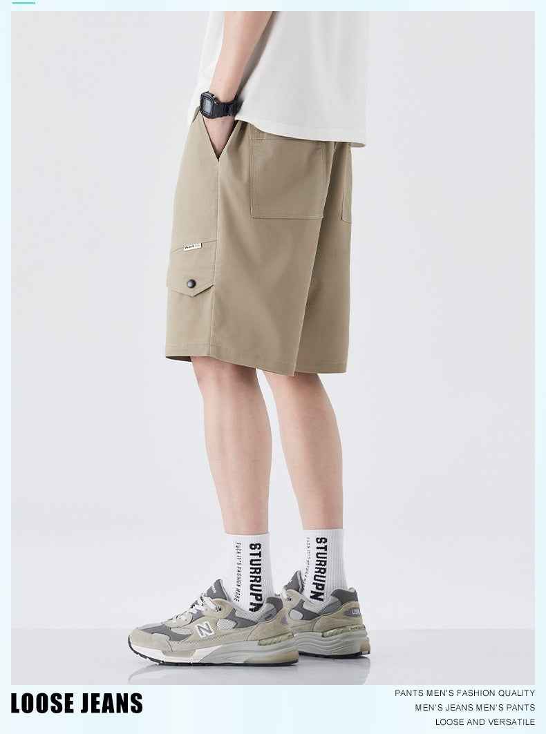 Summer Ice Silk Cotton Cool-Feel Mens American-Style Retro Straight-Edge Work Shorts For Outdoors