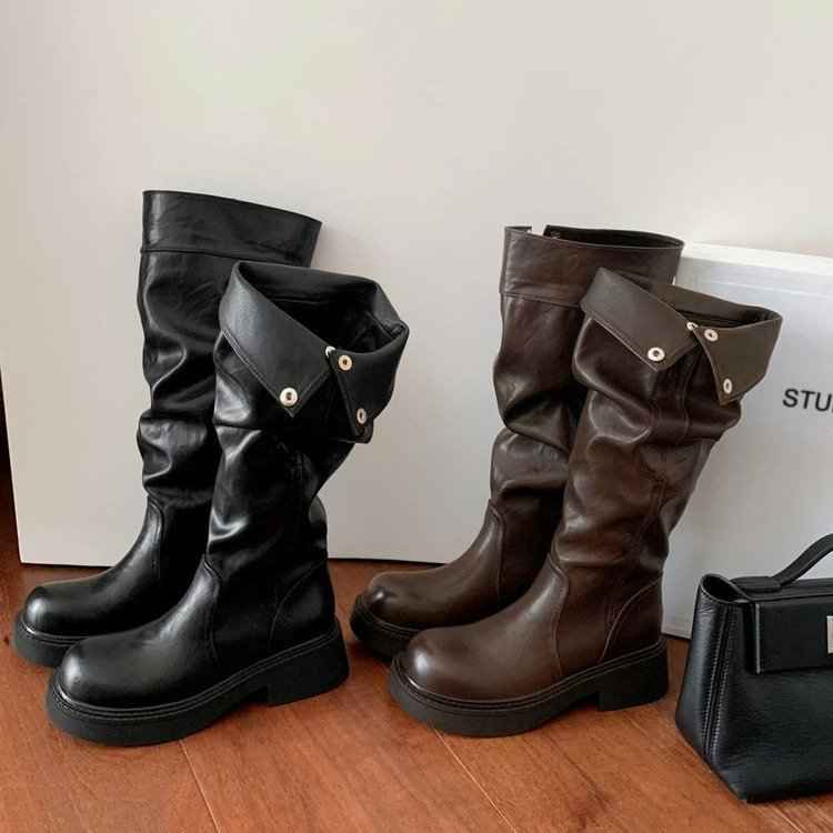 Women's 5cm Height-Enhancing Three-Dimensional Round-Toe Thick-Soled Chunky-Heel Riding Boots With Snap Buttons