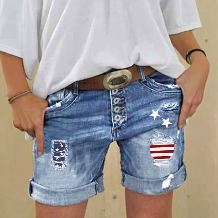 Short en jean stretch amincissant et galbant à imprimé patchwork et détails déchirés