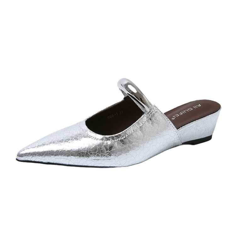 Elegant Pointed Toe Metal One-Strap Mules 2025 Summer New Wedge Heel Platform Sandals For Women