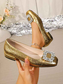 Women's Gold Crocodile Print Square Toe Rhinestone Buckle Low Heel Pumps Elegant Dress Shoes