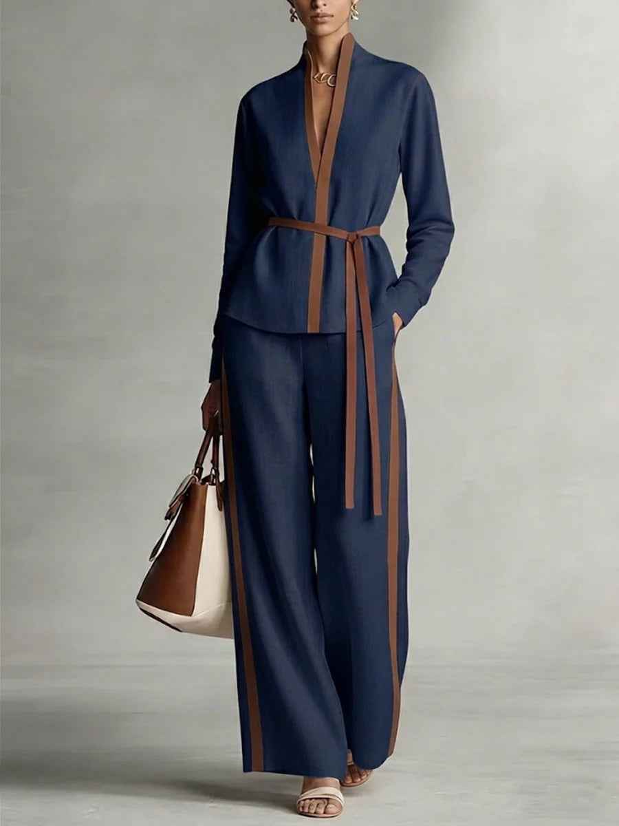 Women's Casual Patchwork Cardigan Shirt And Wide-Leg Pants Set