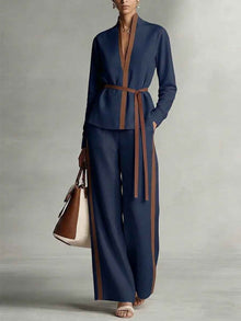 Women's Casual Patchwork Cardigan Shirt And Wide-Leg Pants Set