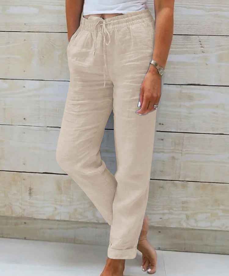 Elastic Waist Solid Cotton Hemp Pants