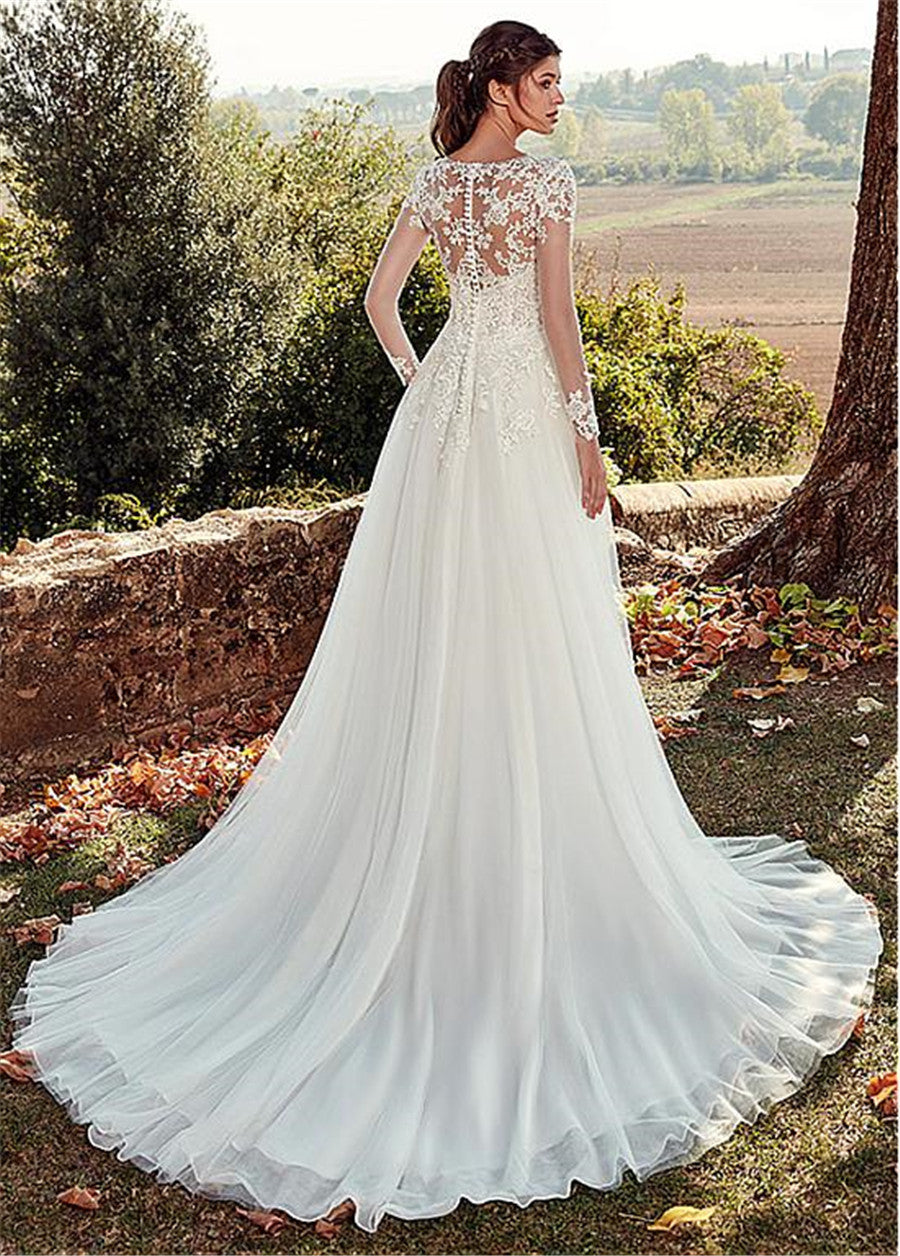 High U-neck Lace Long Sleeve A- Line Long Tail Simple Wedding Dress by Mirlaine Univers