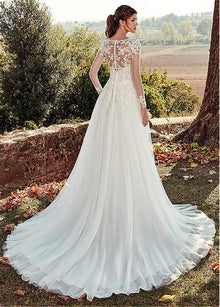 High U-neck Lace Long Sleeve A- Line Long Tail Simple Wedding Dress by Mirlaine Univers