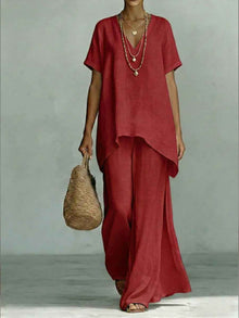 V-neck Short-sleeve Fashionable Loose Top And Wide-leg Pants Set