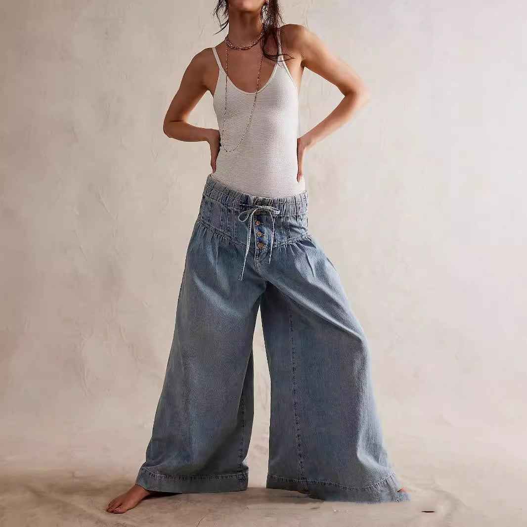 Womens Pleated Mid-Waist Lace-Up Loose Wide-Leg Denim Jeans