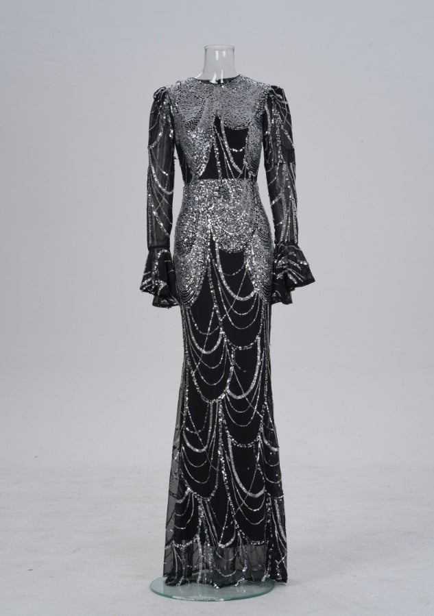 Long Sleeve Round Neck Slim-fit Sheath Sequined Banquet Fishtail Evening Dress by Mirlaine Univers