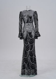 Long Sleeve Round Neck Slim-fit Sheath Sequined Banquet Fishtail Evening Dress by Mirlaine Univers
