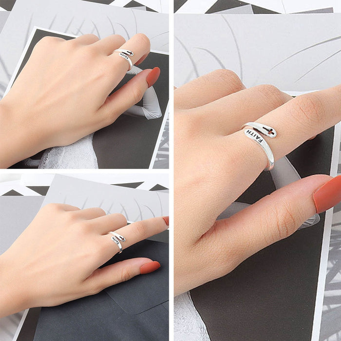 Bague ajustable vintage avec lettres « Faith » et croix, bague ouverte réglable pour femmes et hommes, bijou chrétien en cadeau