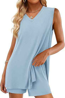 Casual Fashion V-neck Sleeveless Top And Shorts Set With Pockets