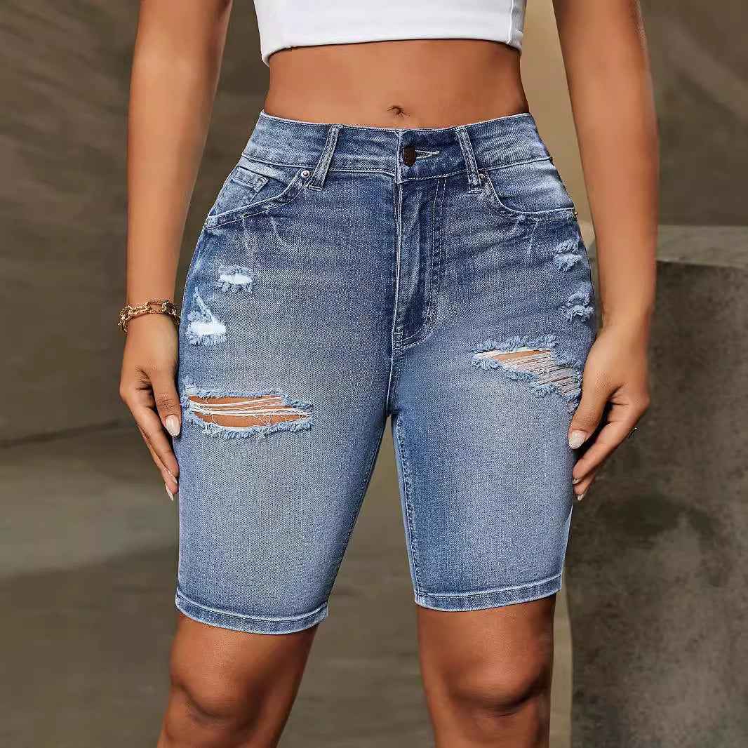 Women's Casual Denim Bermuda Shorts With Ripped Pocket