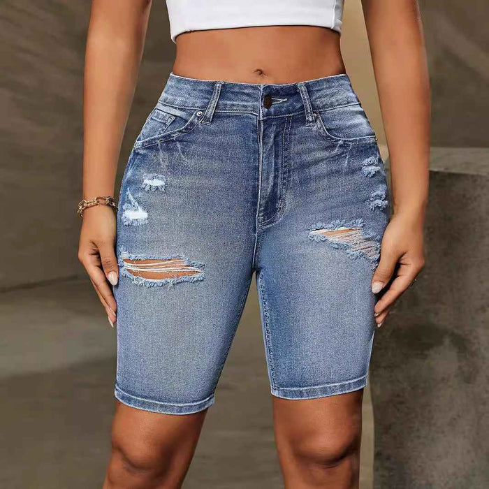 Women's Casual Denim Bermuda Shorts With Ripped Pocket