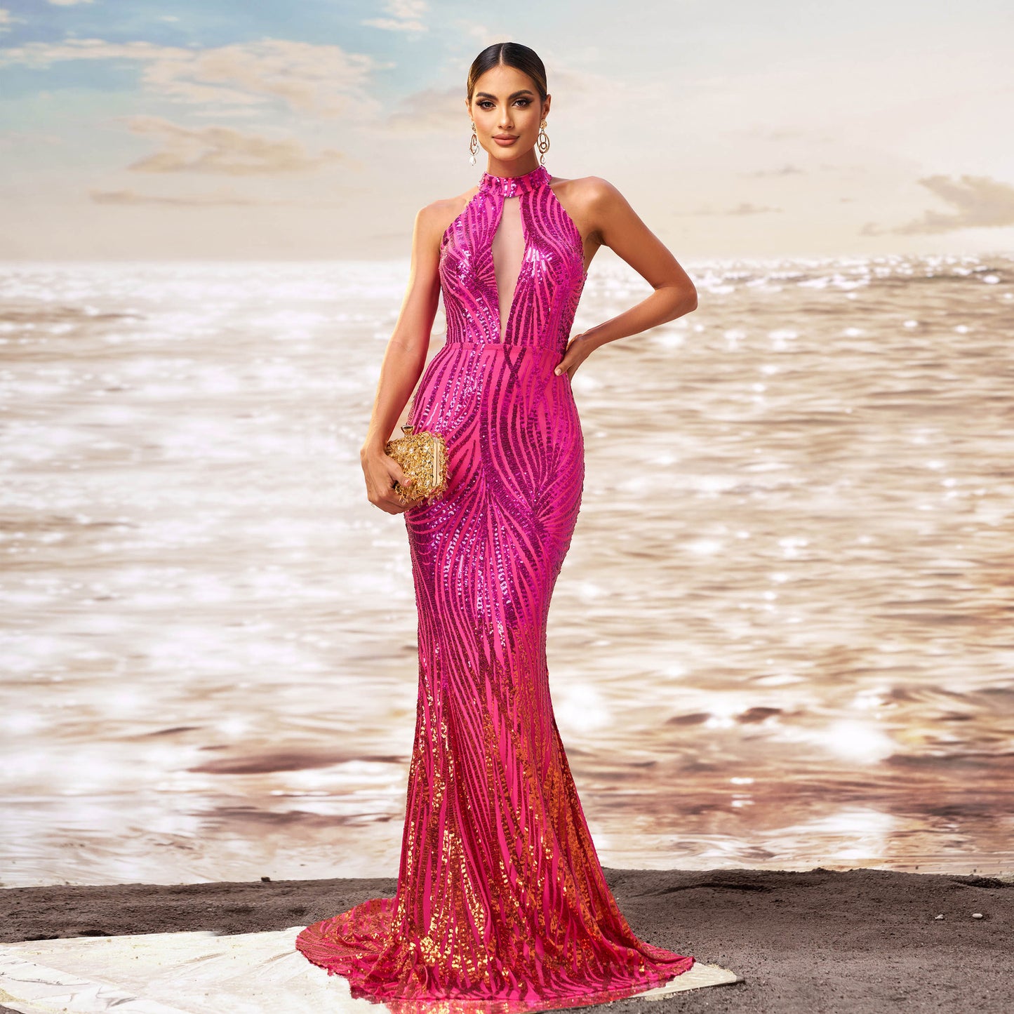 Round Neck Off-the-shoulder Slim-fit Sheath Sequined Banquet Fishtail Evening Dress by Mirlaine Univers