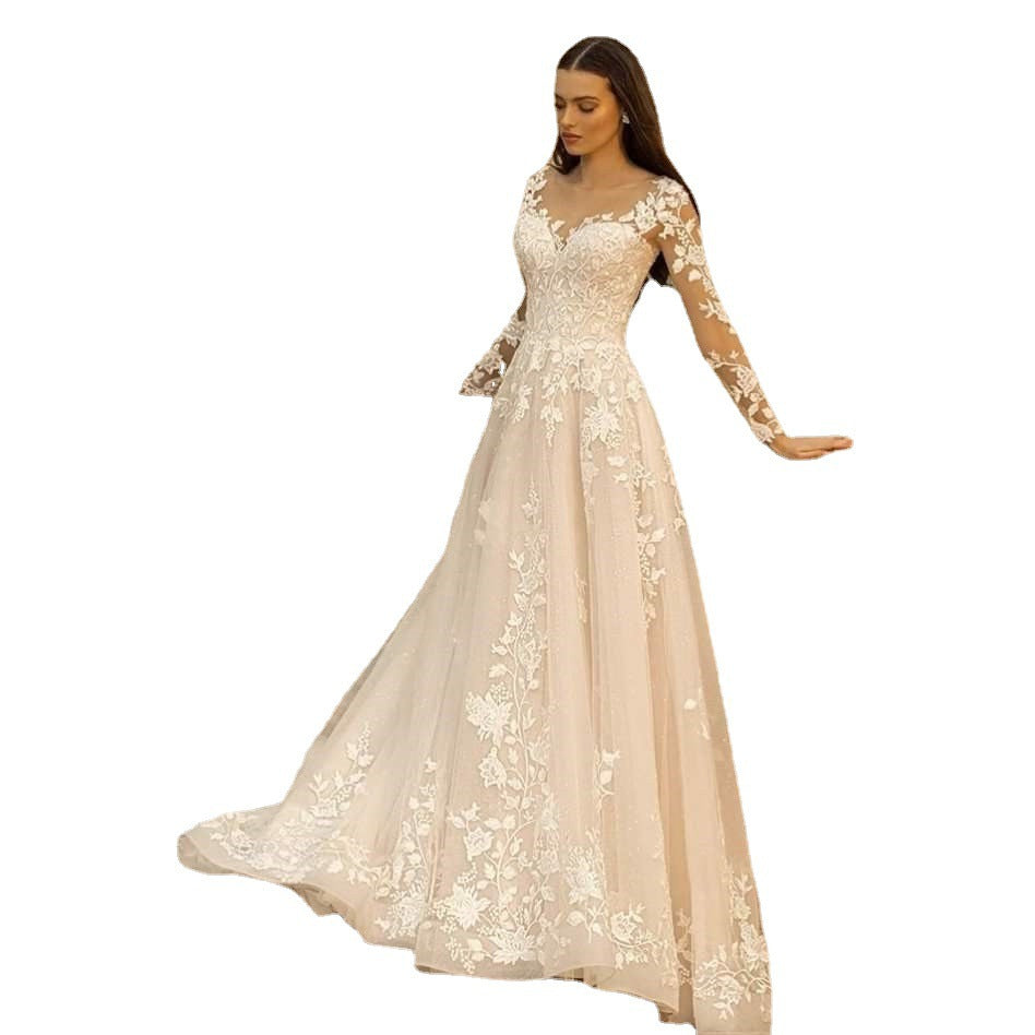 Long Sleeve Wedding Dress Mori Style Bridal Simple Round Neck by Mirlaine Univers