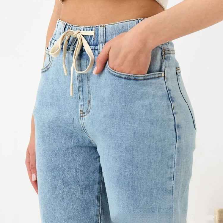 Casual All-Match Trousers Straight-Leg Pants Elastic Waist Womens Jeans