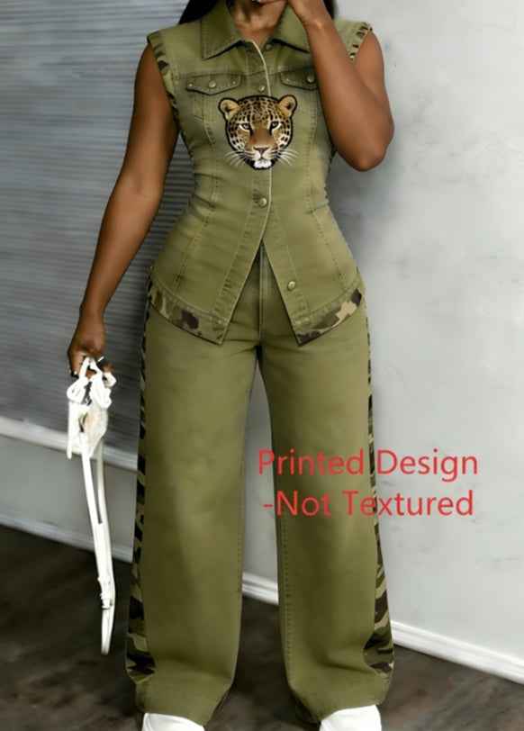 Workwear Style Sleeveless Printed Two-piece Set