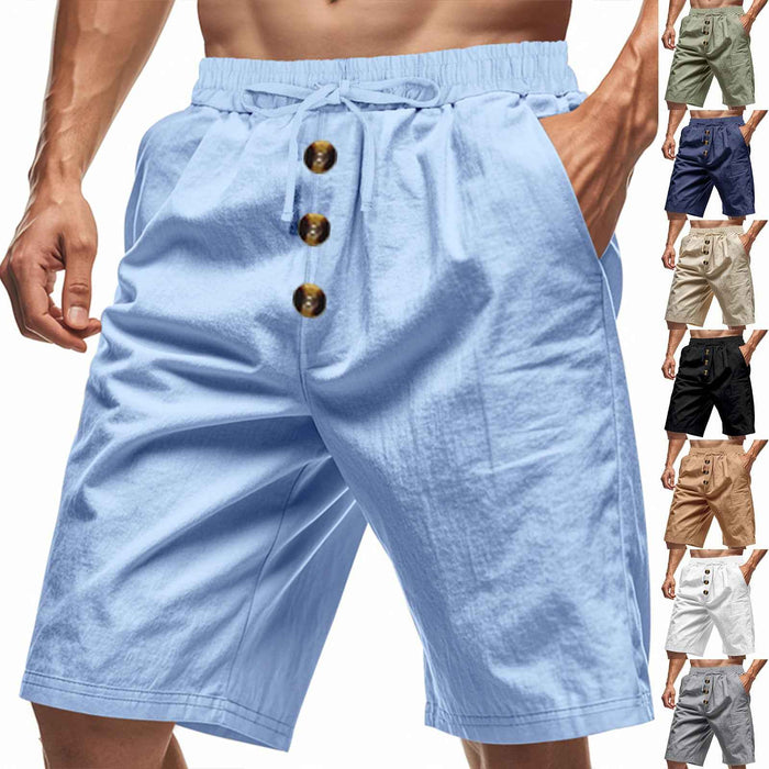 Shorts de sport décontractés en lin délavé à boutons pour homme