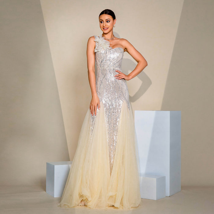 One-shoulder Diagonal Collar Slim-fit Sheath Sequined Slit Evening Dress