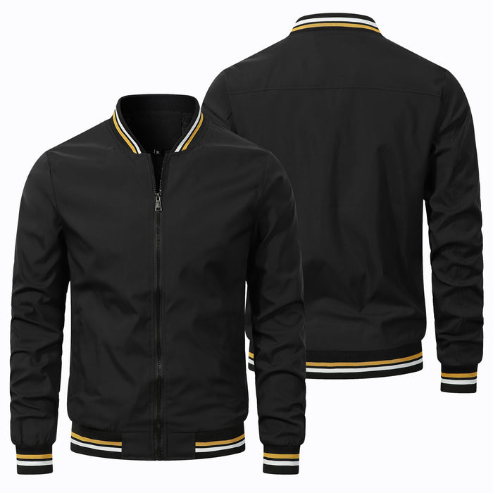 Men's Classic Striped Rib Cuff Bomber Jacket Casual Zip Up Lightweight Windproof Baseball Jacket Solid Black Outdoor Daily Wear Coat