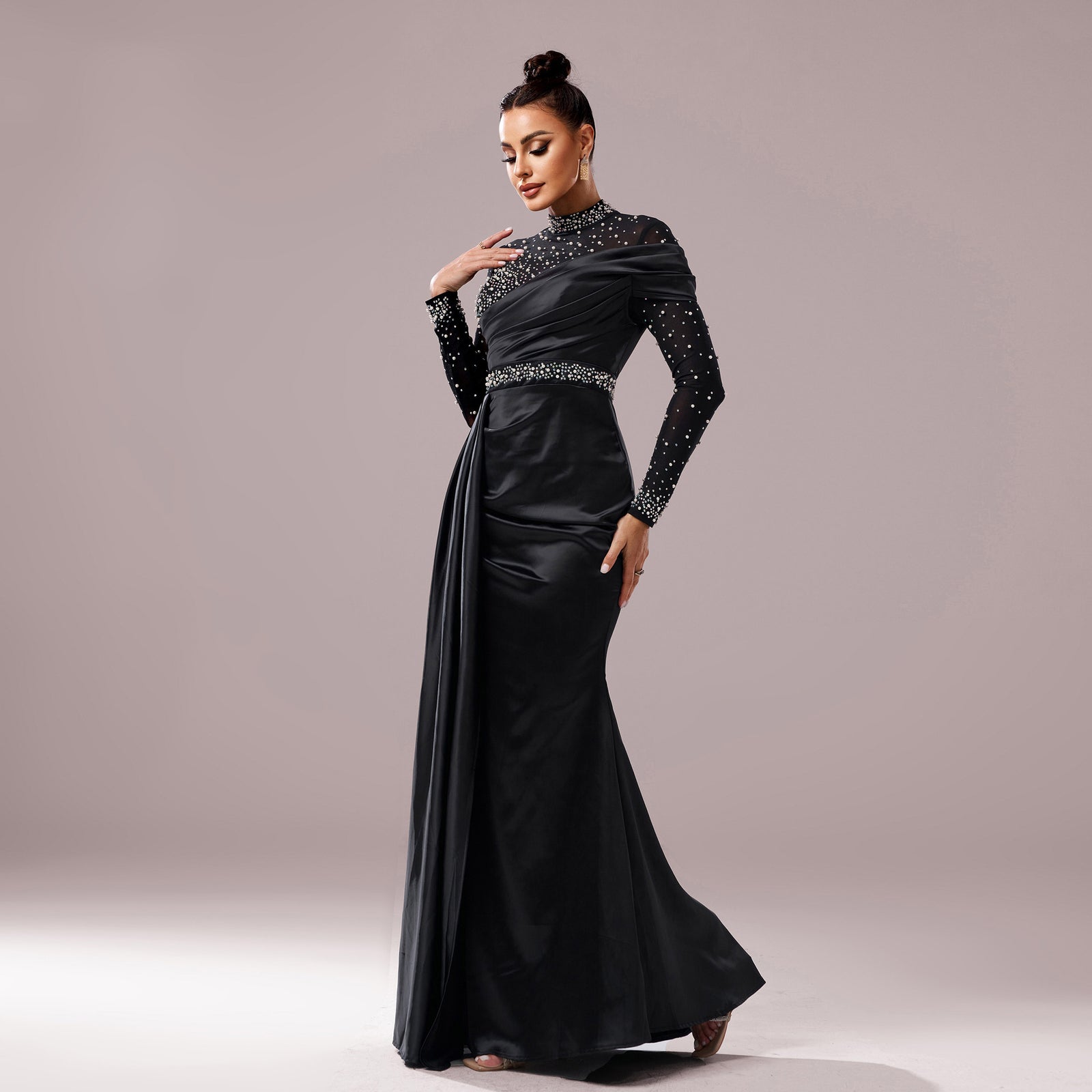 Long Sleeve Slim-fit Sheath Pearl Banquet Fishtail Evening Dress by Mirlaine Univers