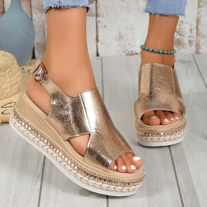 Sandales d'été brillantes, nu-pieds ajourés à bout ouvert pour femmes, chaussures compensées à la mode avec boucle
