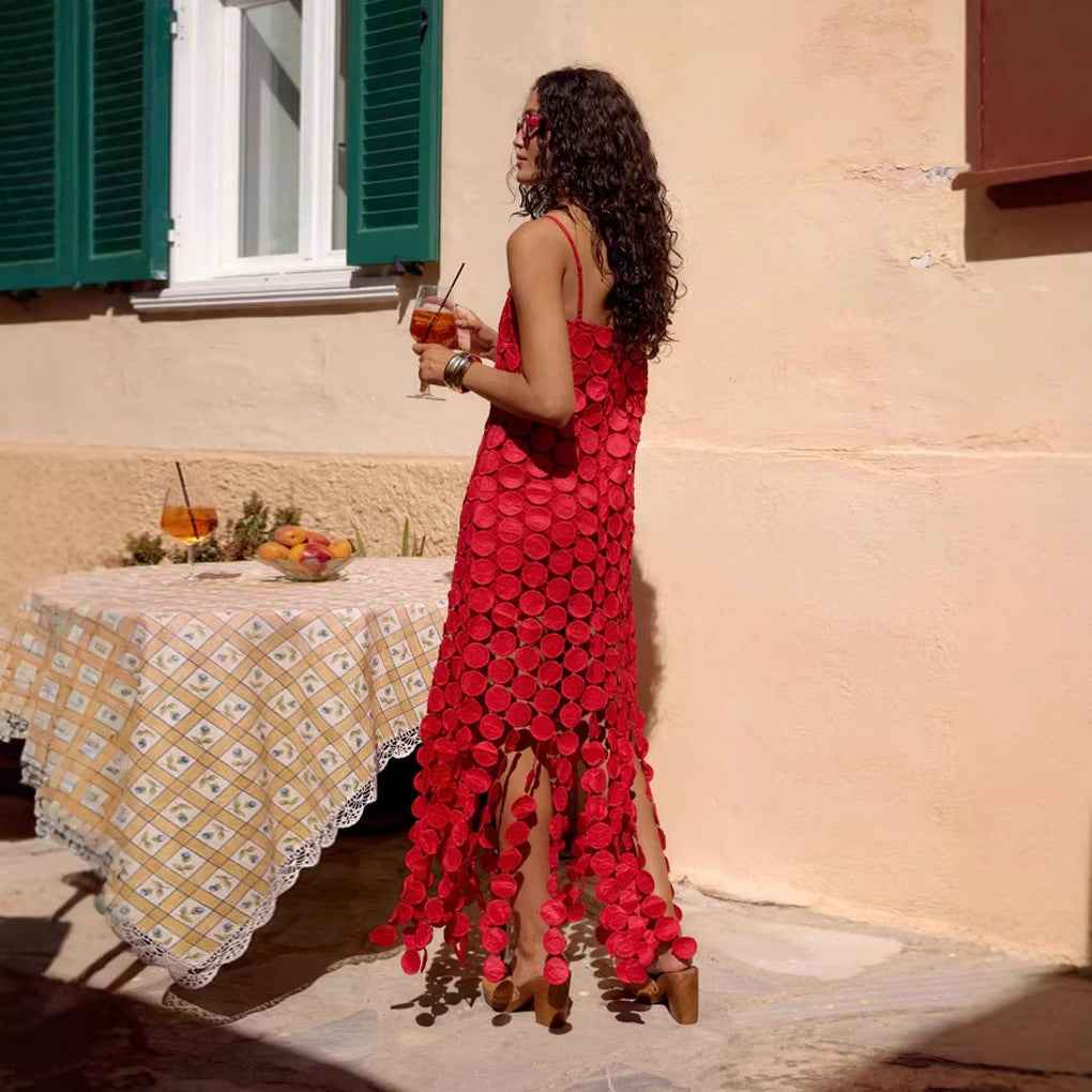 Hollow-out Polka-dot Midi Slip Dress