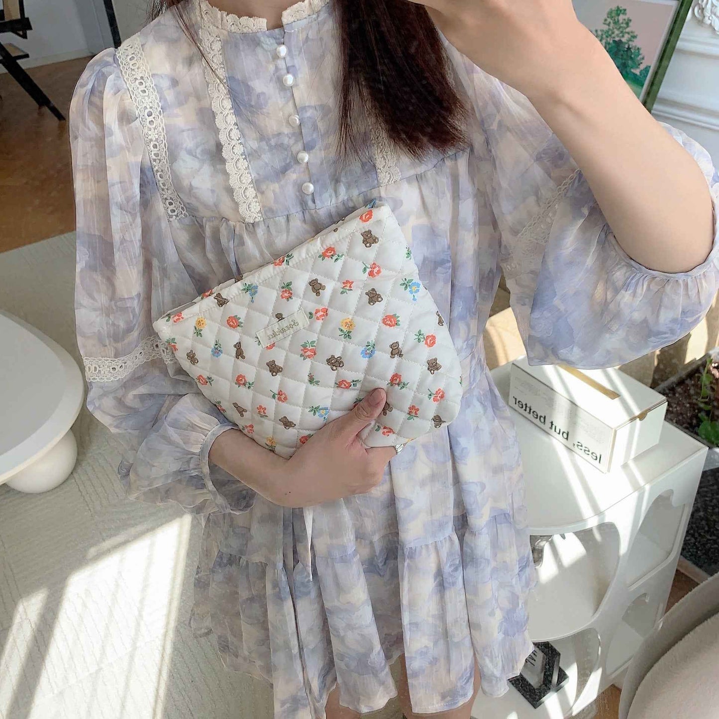 Cartoon Floral Little Bear Quilted Lined Clutch Portable High-Capacity Organizer Womens Makeup Bag
