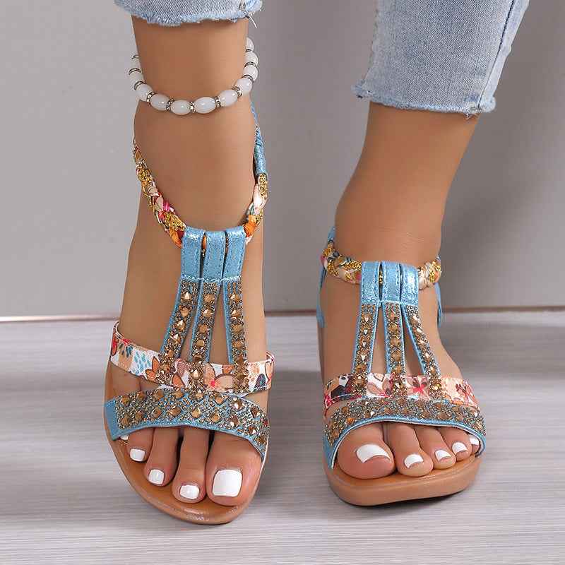 Plus Size Bohemian Elastic Strap Rhinestone Sandals For Women