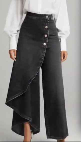 Unique Straight-leg Pants Fashion Large Ruffled Buttons Trousers Women's Faux Jeans Clothing