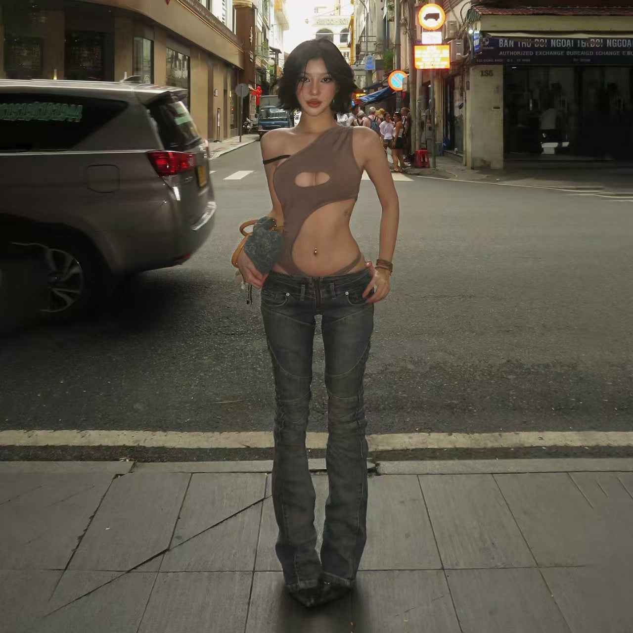 Heavy-duty High-street-style Patchwork Split-design Long Denim Jeans