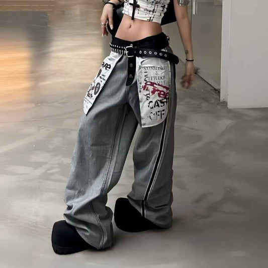 Retro Pocket Print Jeans For Men And Women Loose Fit