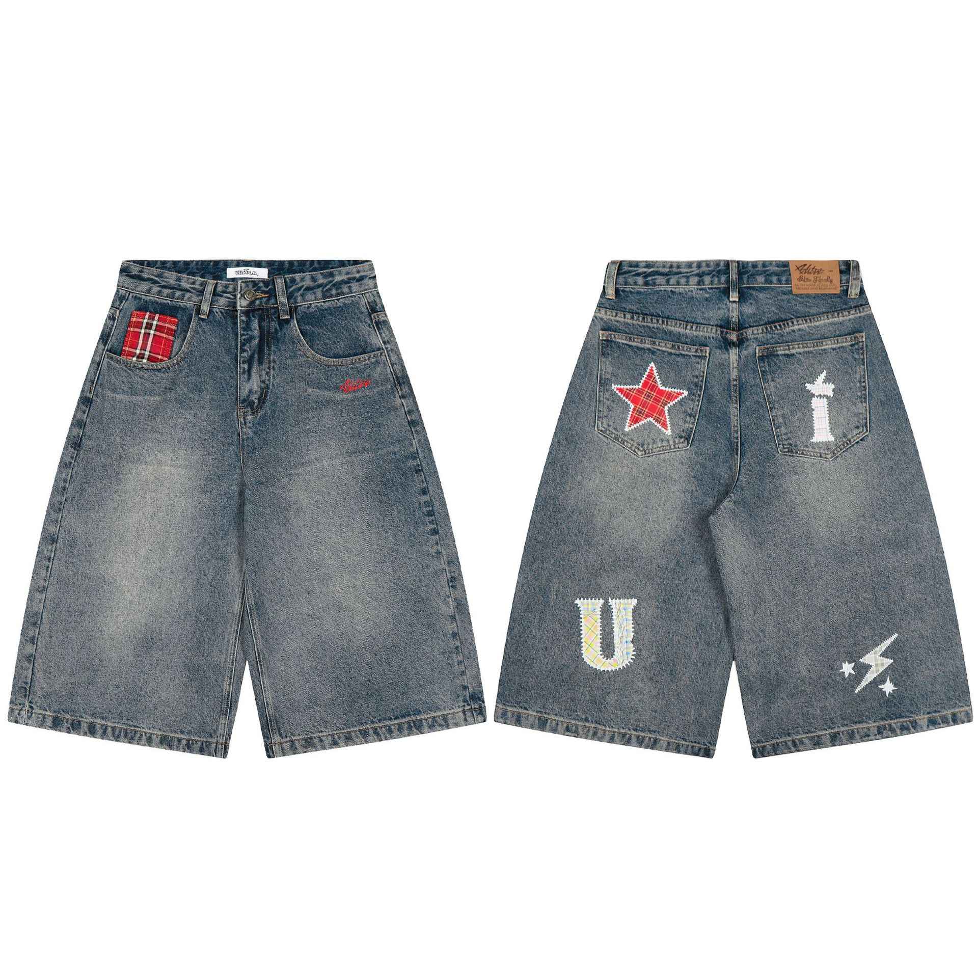 American-style Retro Plaid Patchwork Denim Shorts For Women