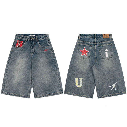 American-style Retro Plaid Patchwork Denim Shorts For Women