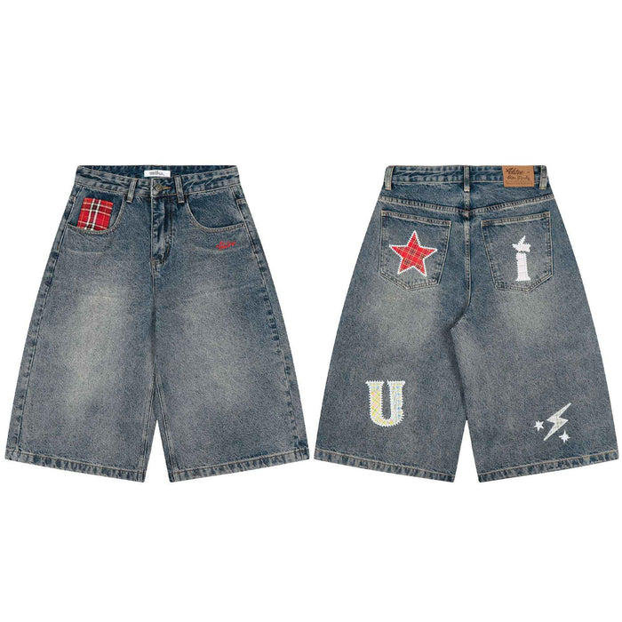 American-style Retro Plaid Patchwork Denim Shorts For Women