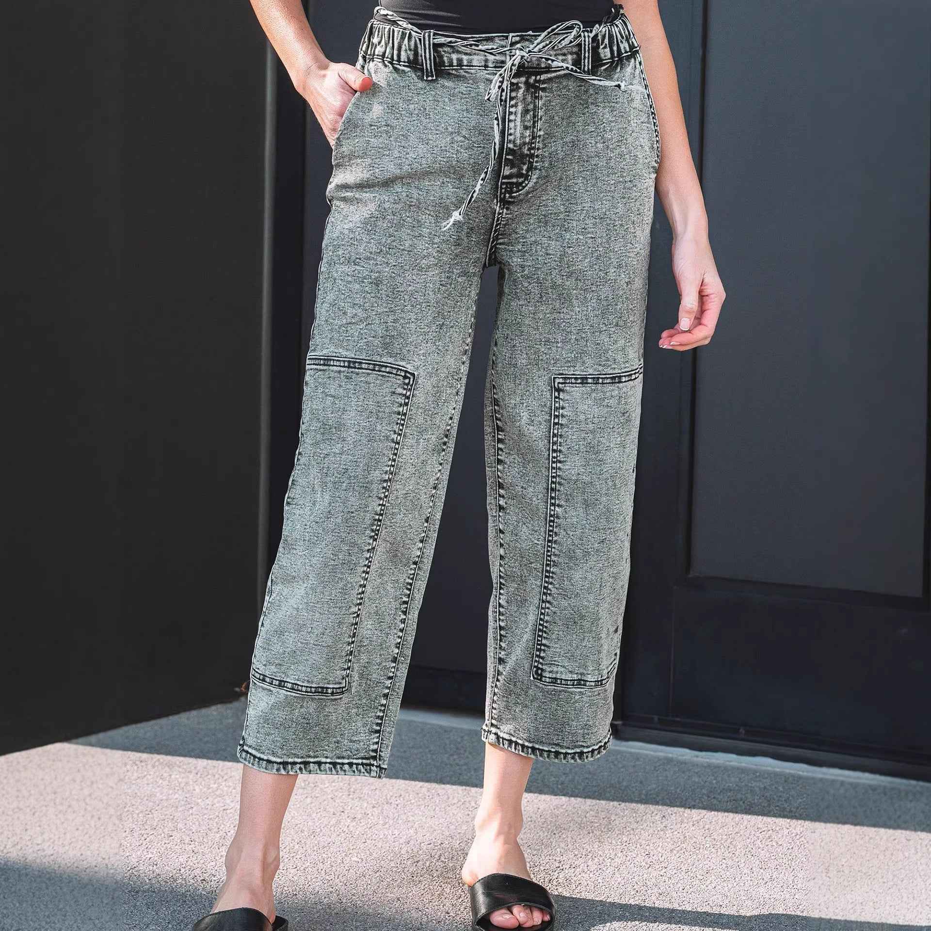 Washable Straight-leg Pants With Multiple Pockets And A Drawstring