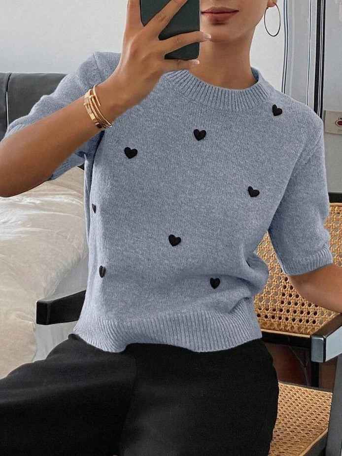 Womens Crew-Neck Pullover Heart Jacquard Knitted Sweater